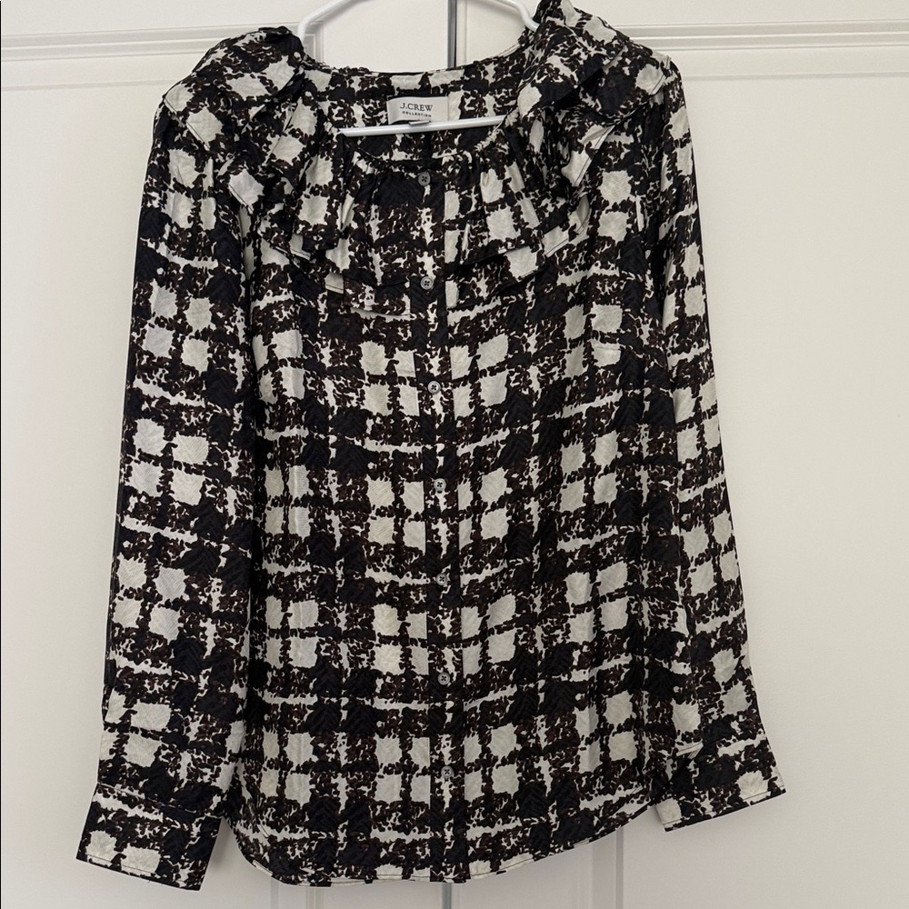 NWOT J. Crew Brown and White Checkered Ruffle Blouse